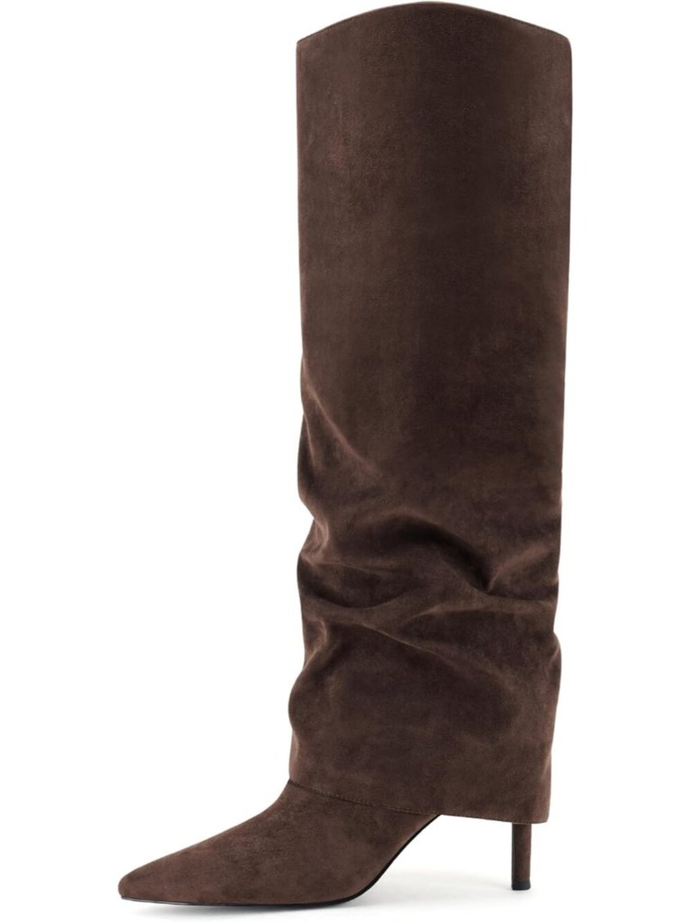 Women's Brown Suede Fold Over Knee High Boots Pointed Toe Slouch Long Boots
